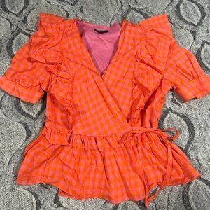 J. Crew Vibrant Orange gingham Ruffle Blouse